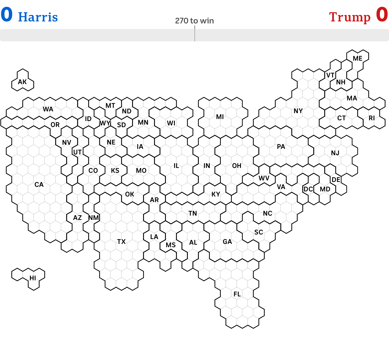 A map of the United States, divided up into 270 hexagons.