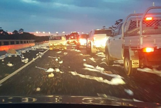 A truck carrying toilet paper drops its load