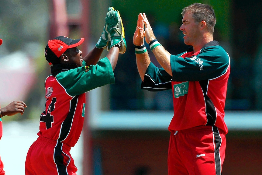 Two cricketers high five.