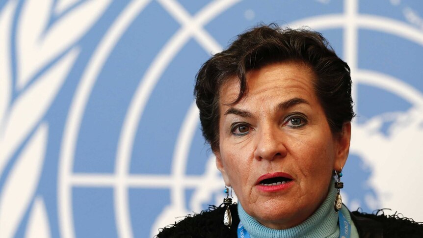 Christiana Figueres, then United Nations climate change chief, addresses a news conference.