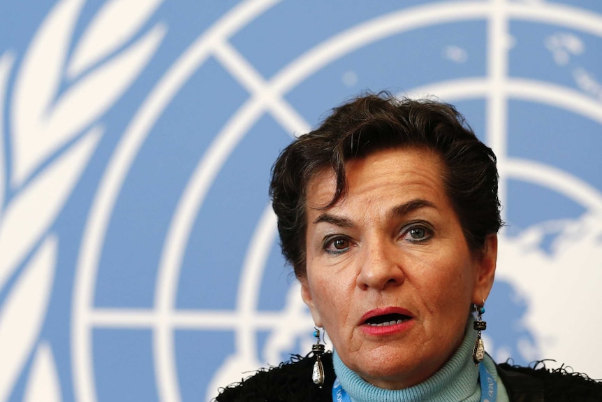 Christiana Figueres, United Nations climate change chief, addresses a news conference.