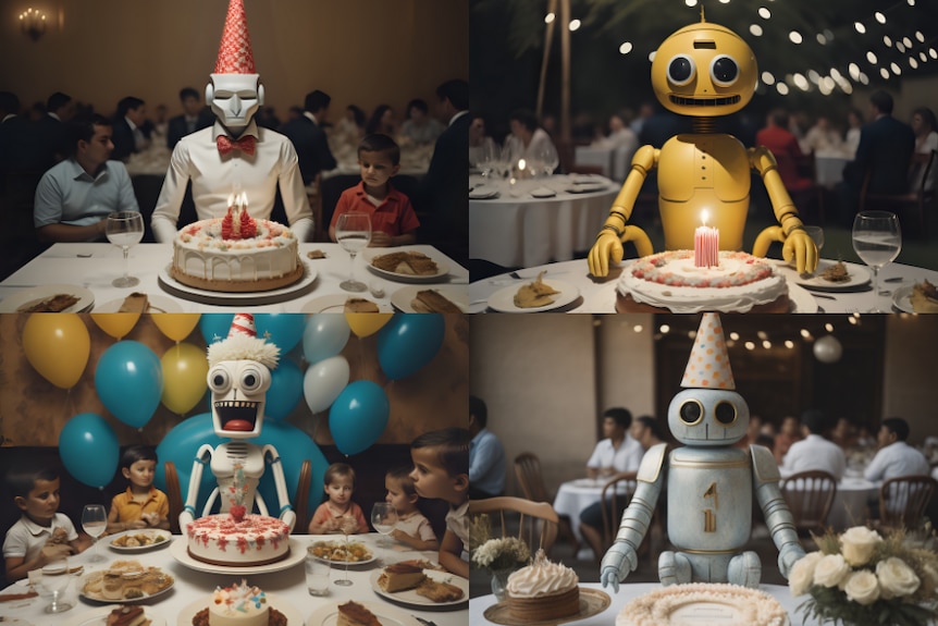 Four photos in a grid each showing a different robot in front of a birthday cake 