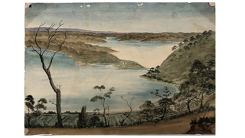 Painting titled 'View from Mount Eliza, Swan River, of Perth, the capital of Western Australia' by John Blundell, 1844