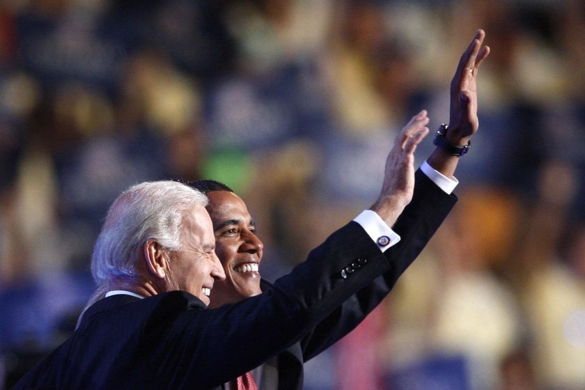 Joe Biden and Barack Obama wave to crowd