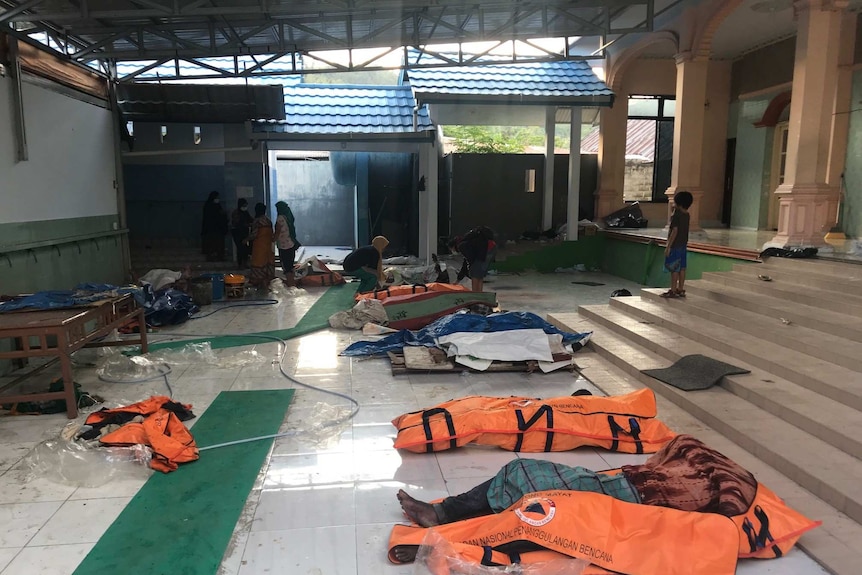 Bodies at a mosque in Donggala after a tsunami