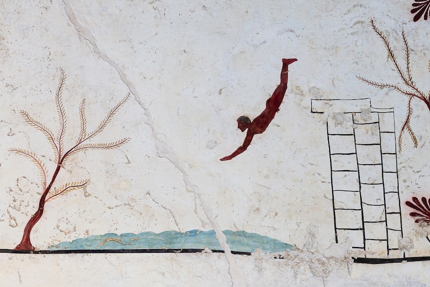 An ancient painting of a man leaping into water from a high platform.