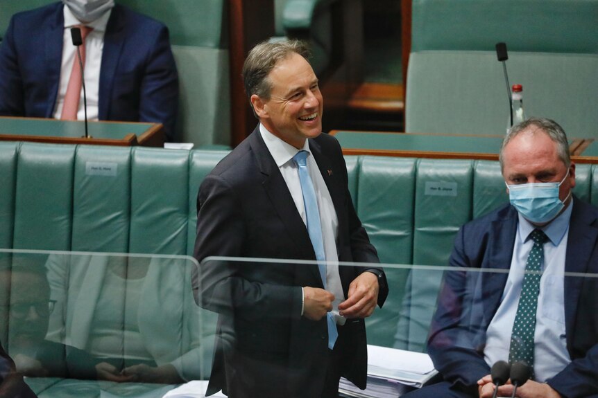 Greg Hunt smiles while walking in the House of Representatives