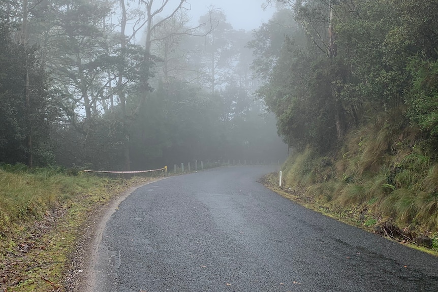 A foggy bend in a road with tape taping off a section on the side of the road.
