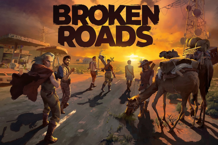 Artwork of a group of people standing on a road with fire burning around them, and the words "Broken Roads".