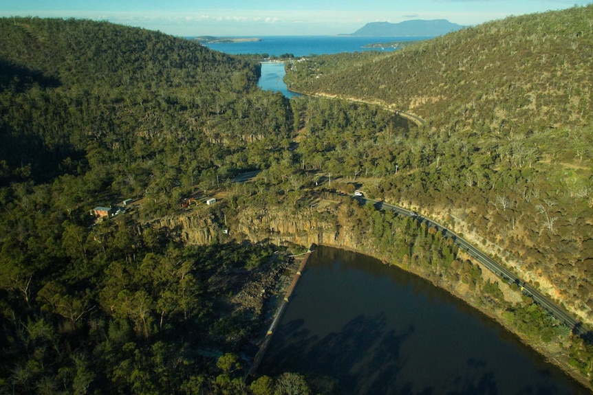 The Prosser River dam, looking down the river to Orford.