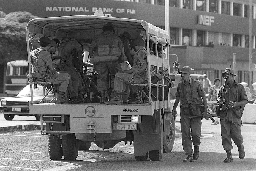 Fijian soldiers patrol Suva in a jeep after the 1987 coup led by Sitiveni Rabuka.