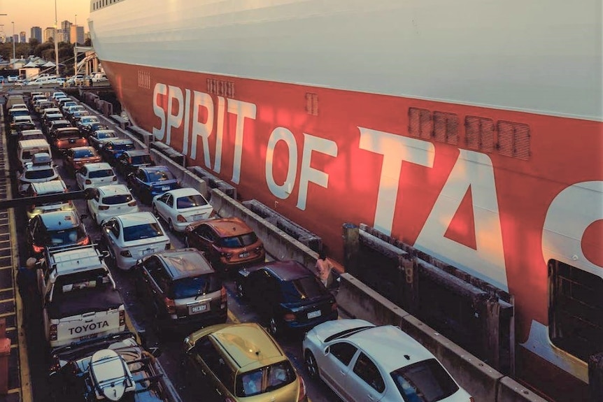 Vehicles queued and waiting to embark the Spirit of Tasmania.