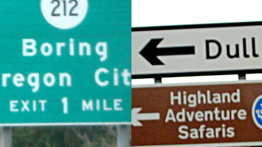 Town signs for Boring and Dull.