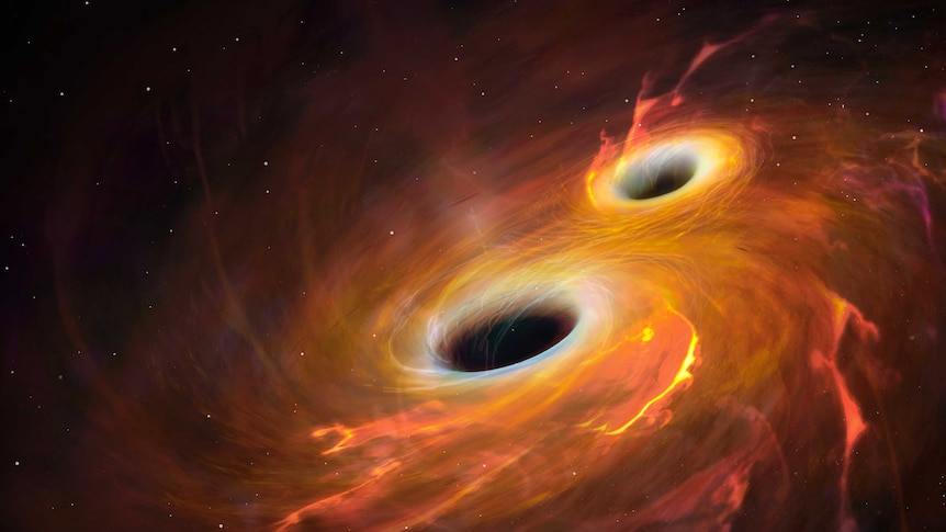 Artist's illustration of two black holes merging.