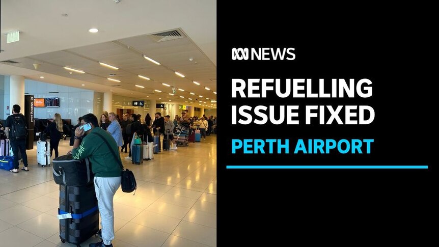 Refuelling Issue Fixed, Perth Airport: Passengers wait with luggage inside white airport terminal space. 