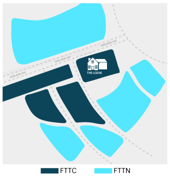 Map of the Lodge in Canberra showing areas of FTTN and areas of FTTC.