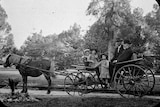 Black and white John Winthrop Hackett and family being driven around Perth Zoo by Ernest Albert Le Souef