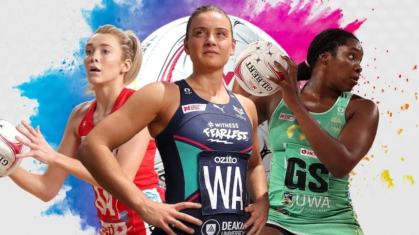 Artwork showing three netballers bursting out of the screen in an array of colours.