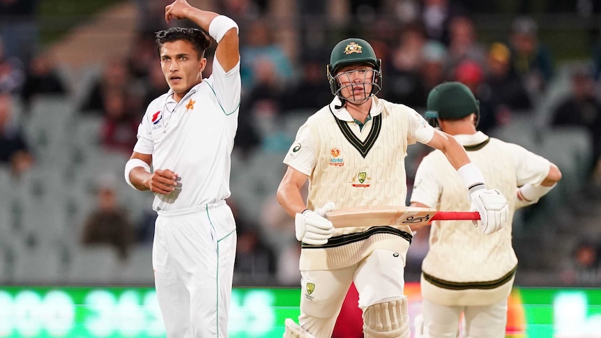 Muhammad Musa stands with his arm above his head as David Warner and Marnus Labuschagne run between the wickets