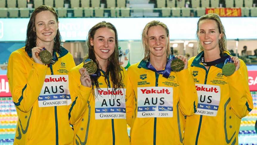 Cate Campbell, Brianna Throssell, Bronte Campbell and Emma McKeon with their world championship gold medals