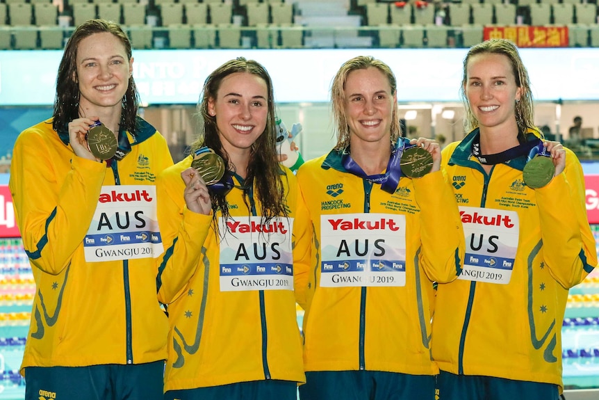 Cate Campbell, Brianna Throssell, Bronte Campbell and Emma McKeon with their world championship gold medals