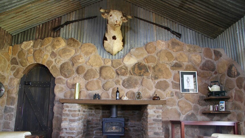 Fireplace of The Outpost with taxidermy bull head mounted on wall.