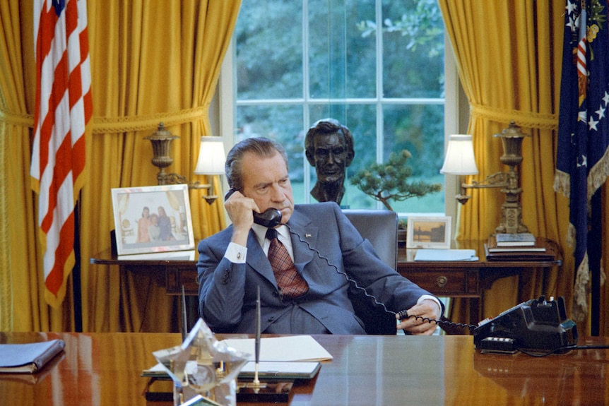 Richard Nixon on the phone in the Oval Office, June 1972.