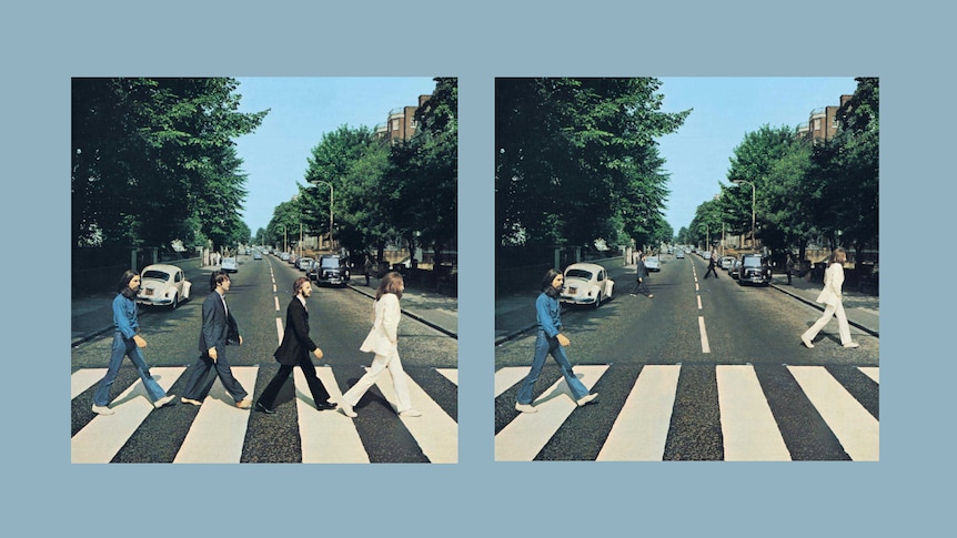 The Abbey Road cover on the left, and a recreated version on the left showing the Beatles members further apart