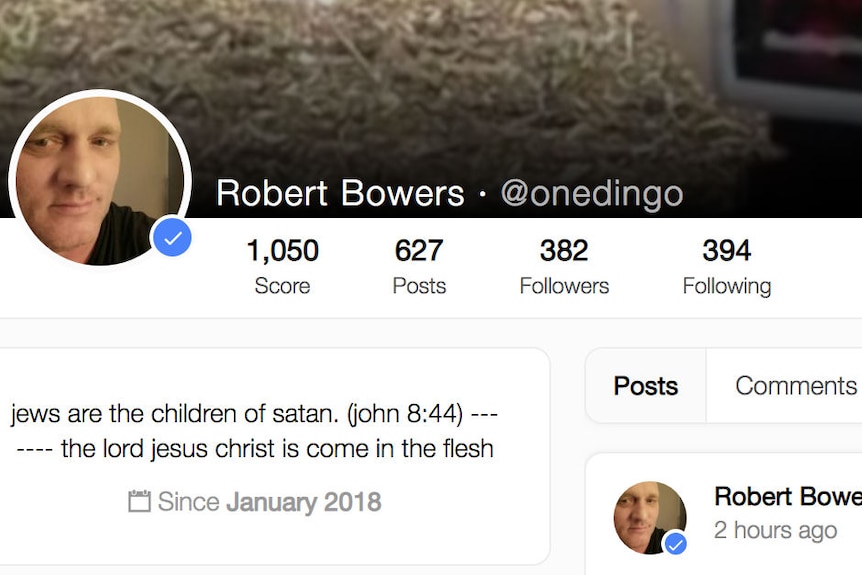 Robert Bowers's profile picture displays alongside his name on his gab account.
