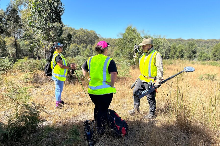 Three people in high-vis vests stand in bushland.