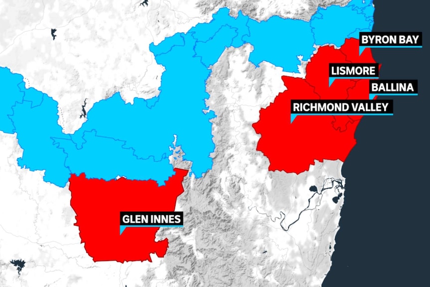 A white map, with blue and red, and the names of Byron Bay, Lismore, Ballina and Richmond Valley.