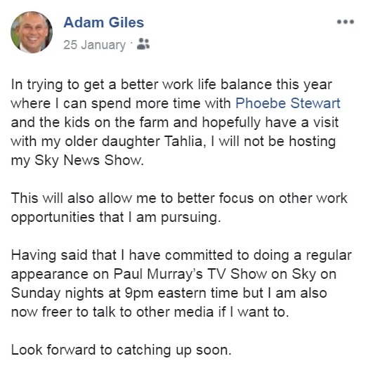 Adam Giles's Facebook post