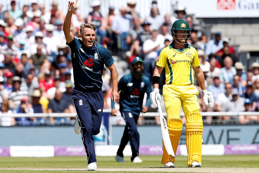 England's Sam Curran celebrates after the dismissal of Australia's Alex Carey during the fifth ODI Test at Old Trafford