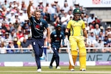 England's Sam Curran celebrates after the dismissal of Australia's Alex Carey during the fifth ODI Test at Old Trafford