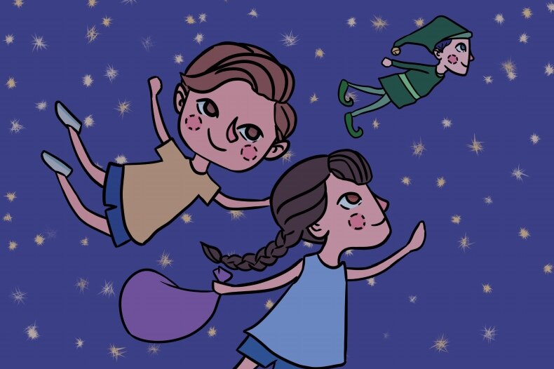 Two cartoon children follow an elf through the night sky. They are all flying.