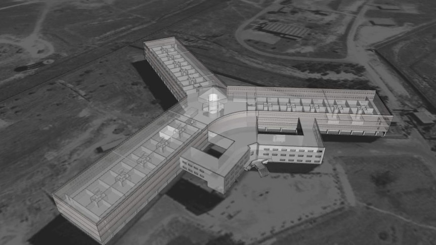 A computer generated, aerial image of a three pronged prison.