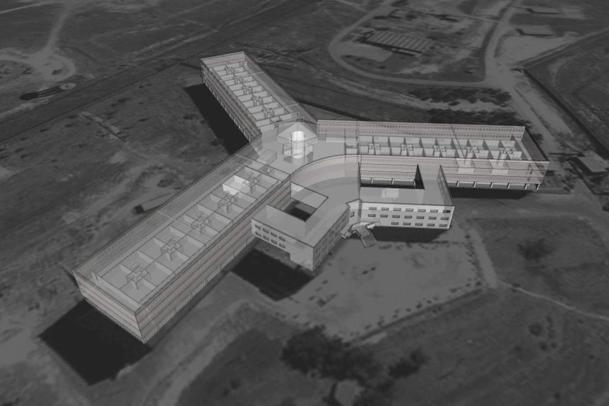 A computer generated, aerial image of a three pronged prison.