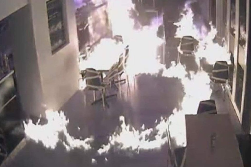 CCTV footage of a fire burning inside a cafe at Mooroolbark, in Melbourne's east.