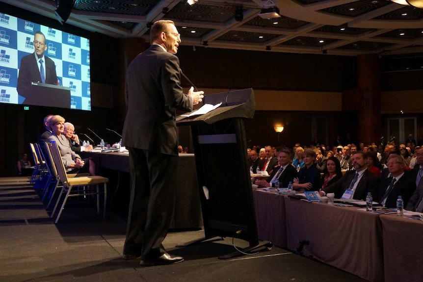 Prime Minister Tony Abbott addresses the Liberal Party state conference in Perth.