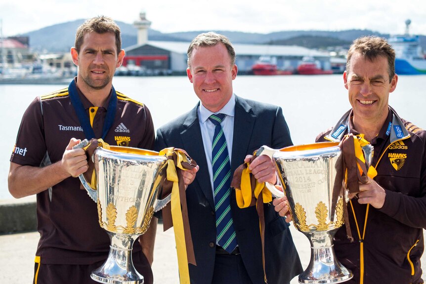 Luke Hodge, Premier Will Hodgman and Alistair Clarkson in Hobart