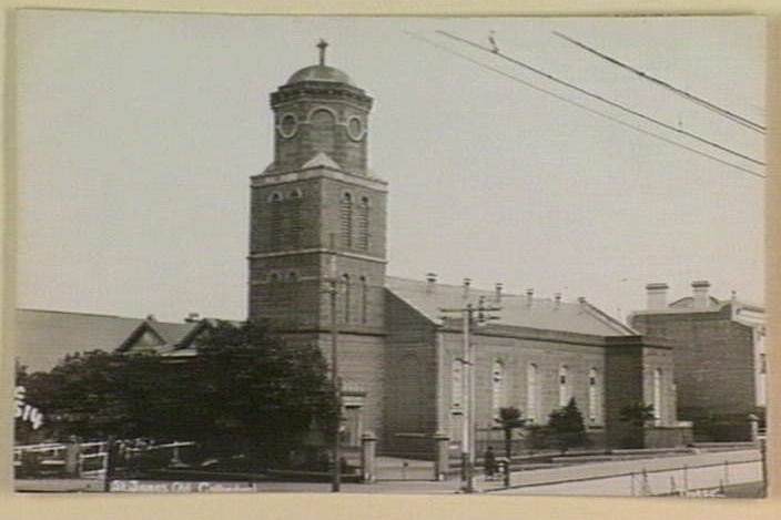 A black and white image of Old St James Cathedral in Melbourne.