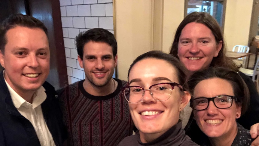 Photograph of five attendees at the first event of the Kalgoorlie LGBT group Kal Queers.