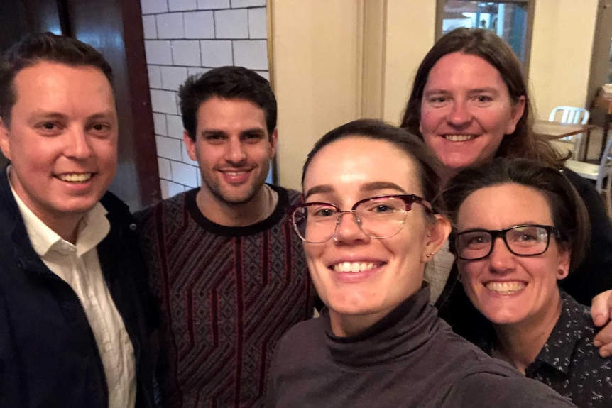 Photograph of five attendees at the first event of the Kalgoorlie LGBT group Kal Queers.