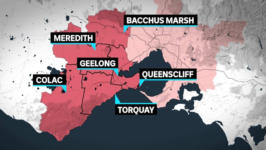 Red shading shows a number of council areas covering the Geelong and Colac region on a map.