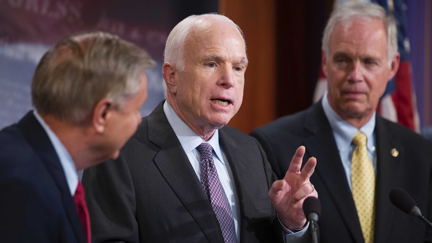 Lindsey Graham, John McCain and Ron Johnson speak to reporters about their resistance to the appeal of the affordable care act.