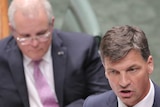 Angus Taylor speaks at the despatch box with Scott Morrison listening in