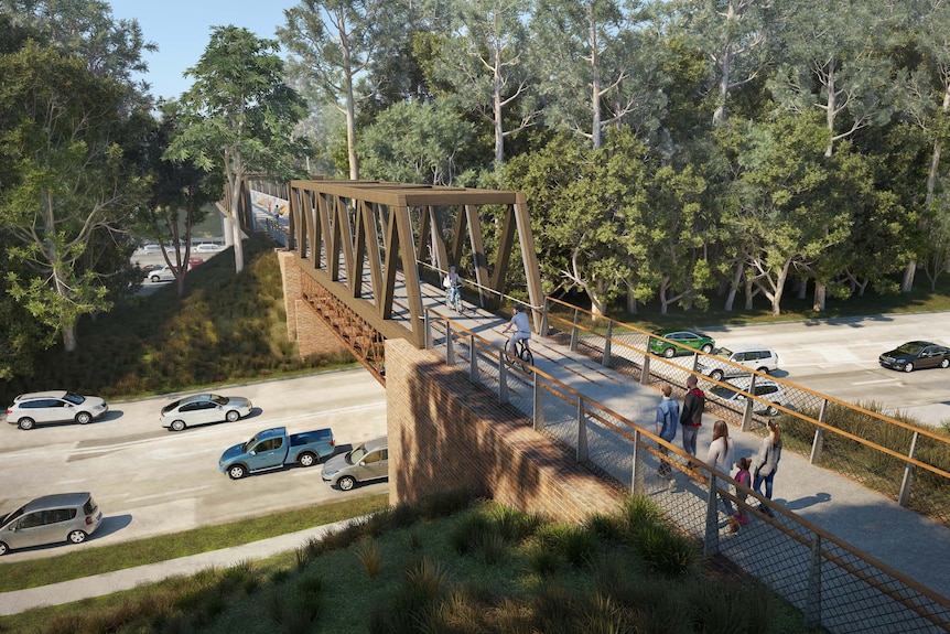 An artists impression of a bridge over a busy highway