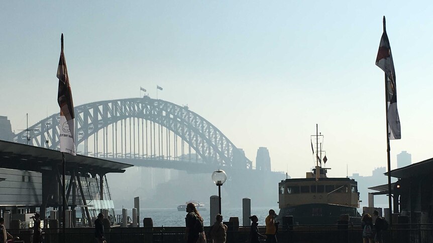 The Harbour Bridge is seen through a smoky haze.