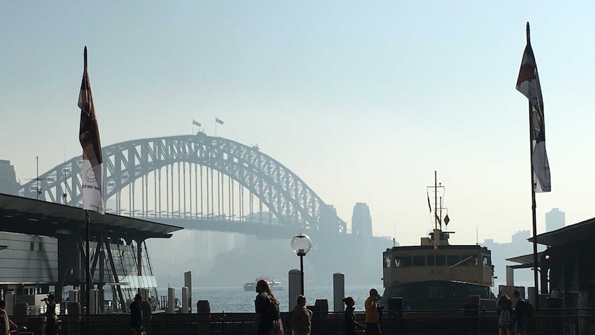The Harbour Bridge is seen through a smokey haze.