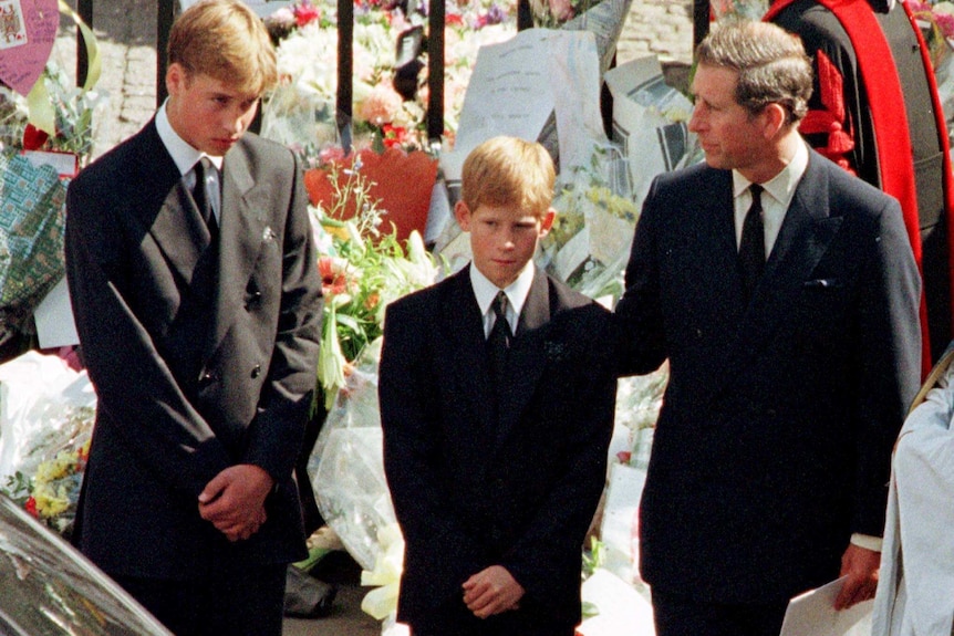 Prince Charles touches the shoulder of his son Harry as his other son Prince William watches the hearse bearing his mother Diana